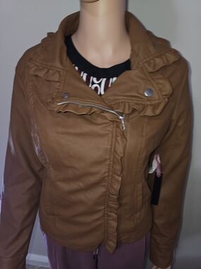 Pink Platinum Tan Ruffled Faux Leather Moto Jacket